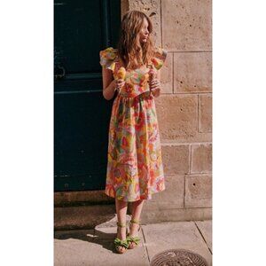 NWT SEZANE MELVILLE DRESS Woman’s XL linen flutter Sleeve Tie Back Colorful $225